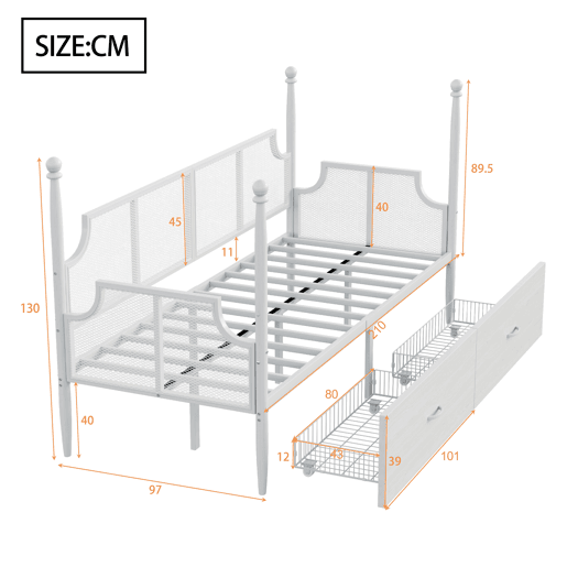 Sofá-cama 90x200 - Encosto em malha, braços estilo vintage, estrutura metálica com compartimentos - Branco