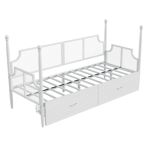 Sofá-cama 90x200 - Encosto em malha, braços estilo vintage, estrutura metálica com compartimentos - Branco
