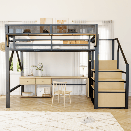 Cama alta 140x200 - com escada de segurança e compartimento de arrumação flexível - Preto