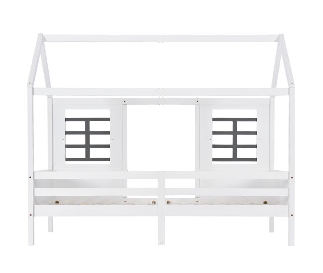 Cama individual 200x90cm - casa con 2 cajones, 2 ventanas, marco de pino y mdf - blanco
