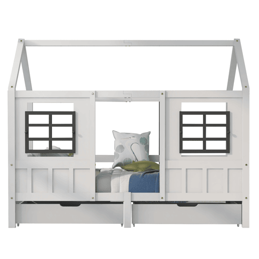 Cama individual 200x90cm - Casa com 2 gavetas, 2 janelas, estrutura em pinho e MDF - Branco