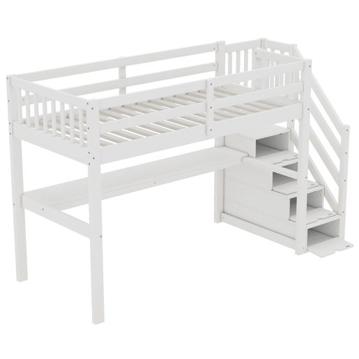 Cama alta 90x200 cm - Cama infantil com gavetas de arrumação e secretária debaixo da cama - Branco