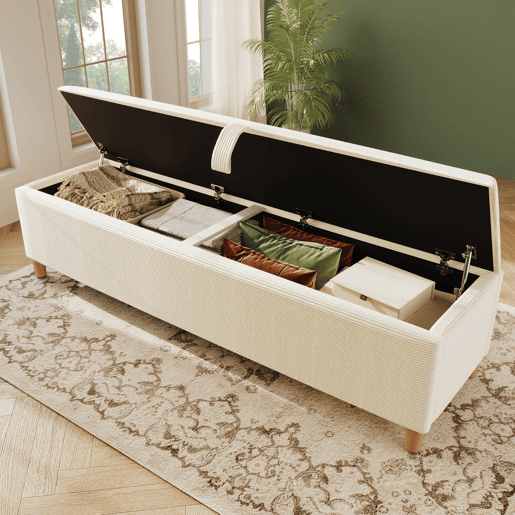 Banco cama 165x38 cm - Banco estofado com armazenamento hidráulico - Cor bege