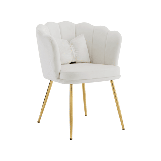Poltrona moderna de veludo - Design com encosto em forma de pétalas, pernas metálicas douradas, almofada em forma de borboleta - Bege