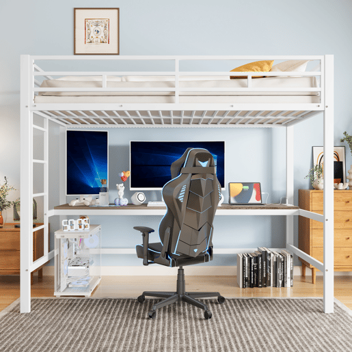 Cama alta 90*200 cm - Com grade, escada, mesa com USB e tomada, faixa de luz com controle por app, com LED, em conformidade com a norma EN747 - Branca
