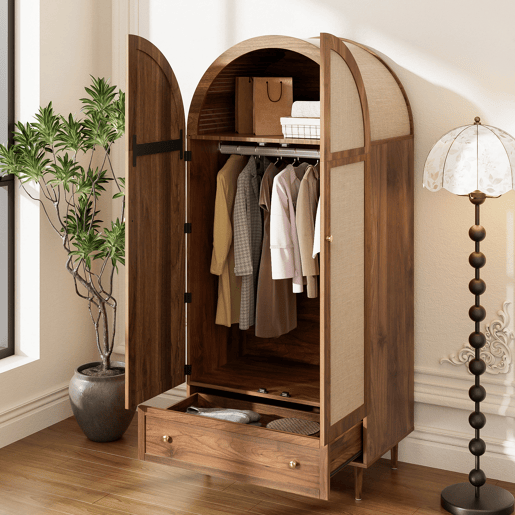 Armário elegante com portas de tecido e gaveta - Aparador - Madeira, pés de madeira estáveis, armazenamento prático para roupas e acessórios