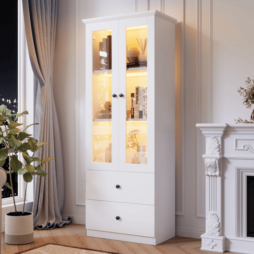Vitrine LED moderna 165 cm - com USB, comando remoto 16 cores, 2 gavetas, prateleiras ajustáveis, portas basculantes - branco mate
