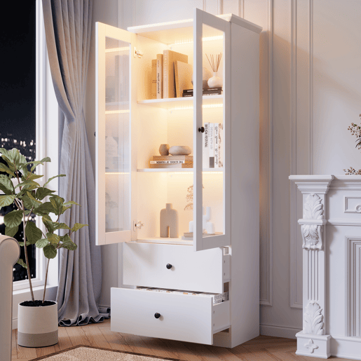 Vitrine LED moderna 165 cm - com USB, comando remoto 16 cores, 2 gavetas, prateleiras ajustáveis, portas basculantes - branco mate