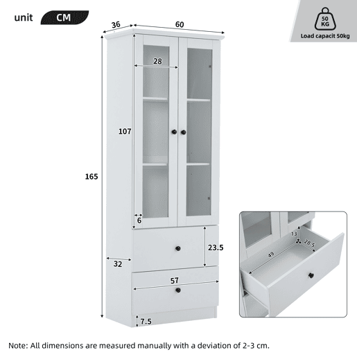 Vitrine LED moderna 165 cm - com USB, comando remoto 16 cores, 2 gavetas, prateleiras ajustáveis, portas basculantes - branco mate
