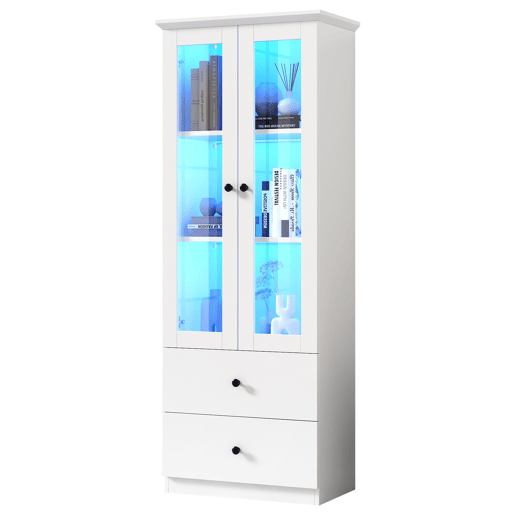 Vitrine LED moderna 165 cm - com USB, comando remoto 16 cores, 2 gavetas, prateleiras ajustáveis, portas basculantes - branco mate