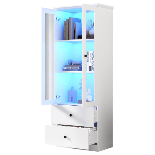 Vitrine LED moderna 165 cm - com USB, comando remoto 16 cores, 2 gavetas, prateleiras ajustáveis, portas basculantes - branco mate