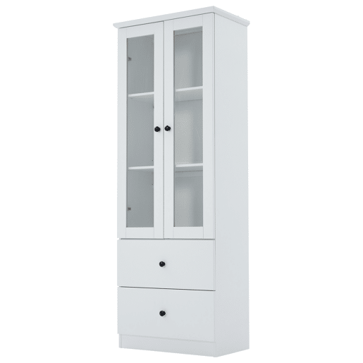Vitrine LED moderna 165 cm - com USB, comando remoto 16 cores, 2 gavetas, prateleiras ajustáveis, portas basculantes - branco mate