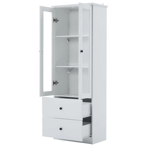 Vitrine LED moderna 165 cm - com USB, comando remoto 16 cores, 2 gavetas, prateleiras ajustáveis, portas basculantes - branco mate