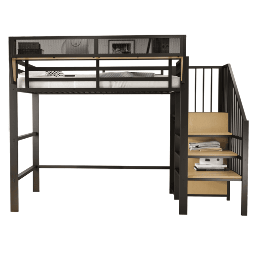 Cama alta 90x200 - Com escada de segurança e espaço de arrumação flexível - Preto Cama alta 90x200 - Com escada de segurança e espaço de arrumação flexível - Preto