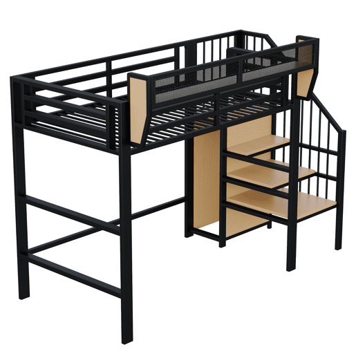 Cama alta 90x200 - Com escada de segurança e espaço de arrumação flexível - Preto Cama alta 90x200 - Com escada de segurança e espaço de arrumação flexível - Preto