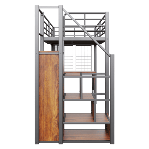 Cama alta 90 x 200 cm - com LED, escada com prateleiras, secretária, armário e estantes, sem colchão - preto