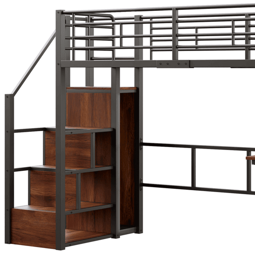 Cama alta 90 x 200 cm - com LED, escada com prateleiras, secretária, armário e estantes, sem colchão - preto