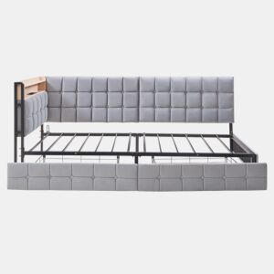 Sofá-cama 90x200 cm - Com 2 gavetas, candeeiro de cabeceira LED, portas USB e Tipo-C - Cinza claro