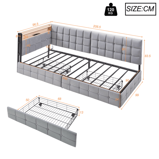 Sofá-cama 90x200 cm - Com 2 gavetas, candeeiro de cabeceira LED, portas USB e Tipo-C - Cinza claro