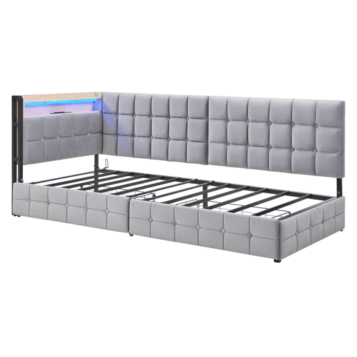 Sofá-cama 90x200 cm - Com 2 gavetas, candeeiro de cabeceira LED, portas USB e Tipo-C - Cinza claro