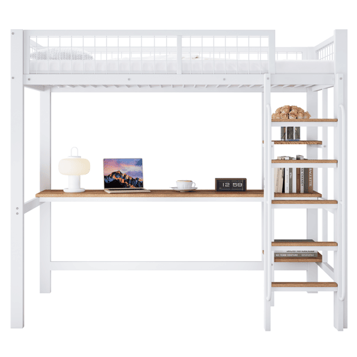 Beliche 90x200cm - Com mesa e prateleiras, 5 degraus, com proteção contra quedas - Branco+Natural