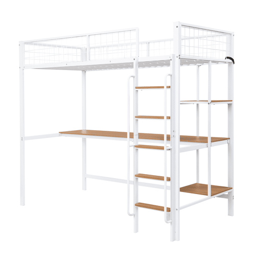 Beliche 90x200cm - Com mesa e prateleiras, 5 degraus, com proteção contra quedas - Branco+Natural