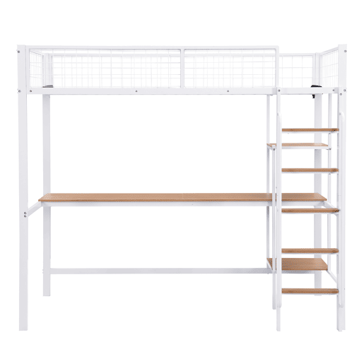 Beliche 90x200cm - Com mesa e prateleiras, 5 degraus, com proteção contra quedas - Branco+Natural