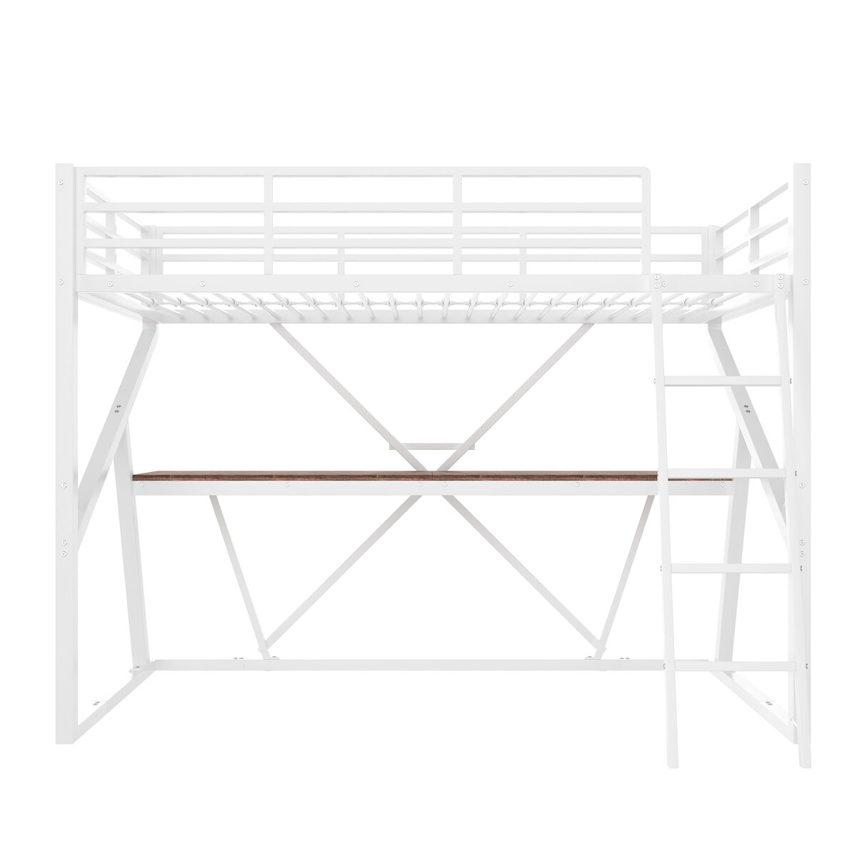 Cama alta 90x200cm - estructura de hierro, led, barandilla, escalera, escritorio - blanco