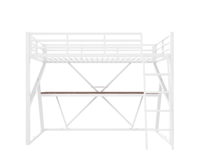Cama alta 90x200cm - estructura de hierro, led, barandilla, escalera, escritorio - blanco