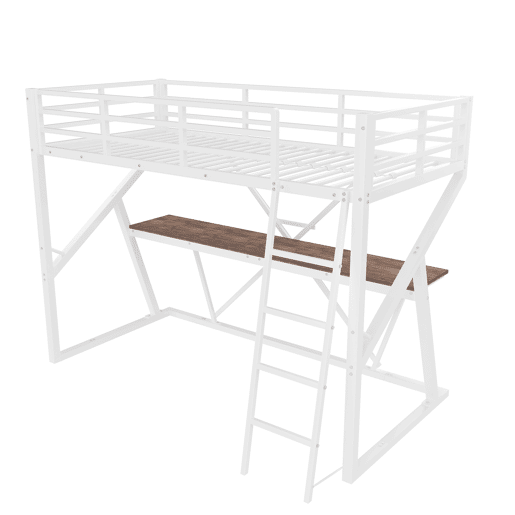 Cama alta 90x200cm - Estrutura em ferro, LED, corrimão, escada, secretária - Branco