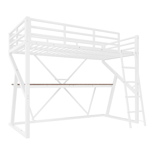 Cama alta 90x200cm - Estrutura em ferro, LED, corrimão, escada, secretária - Branco