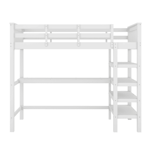 Cama alta 90x200 - Cama infantil com compartimentos de arrumação e secretária por baixo - Branco