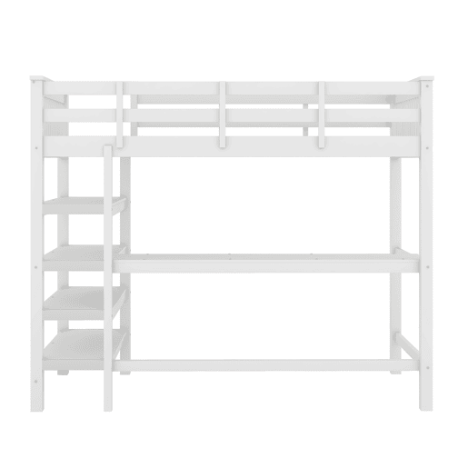 Cama alta 90x200 - Cama infantil com compartimentos de arrumação e secretária por baixo - Branco