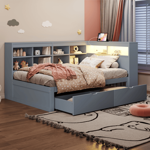 Sofá-cama 90x200 - Com compartimentos, cama com USB e tomada com faixa LED, com prateleiras e arrumação, multifuncional, cinzento Sofá-cama 90x200 - Com compartimentos, cama com USB e tomada com faixa LED, com prateleiras e arrumação, multifuncional, cinzento