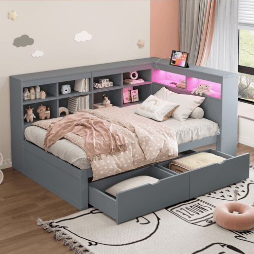 Sofá-cama 90x200 - Com compartimentos, cama com USB e tomada com faixa LED, com prateleiras e arrumação, multifuncional, cinzento Sofá-cama 90x200 - Com compartimentos, cama com USB e tomada com faixa LED, com prateleiras e arrumação, multifuncional, cinzento