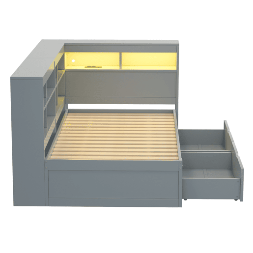 Sofá-cama 90x200 - Com compartimentos, cama com USB e tomada com faixa LED, com prateleiras e arrumação, multifuncional, cinzento Sofá-cama 90x200 - Com compartimentos, cama com USB e tomada com faixa LED, com prateleiras e arrumação, multifuncional, cinzento