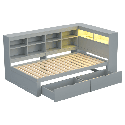 Sofá-cama 90x200 - Com compartimentos, cama com USB e tomada com faixa LED, com prateleiras e arrumação, multifuncional, cinzento Sofá-cama 90x200 - Com compartimentos, cama com USB e tomada com faixa LED, com prateleiras e arrumação, multifuncional, cinzento