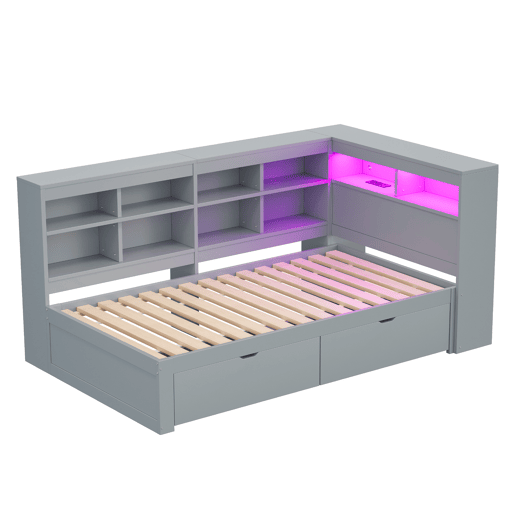 Sofá-cama 90x200 - Com compartimentos, cama com USB e tomada com faixa LED, com prateleiras e arrumação, multifuncional, cinzento Sofá-cama 90x200 - Com compartimentos, cama com USB e tomada com faixa LED, com prateleiras e arrumação, multifuncional, cinzento