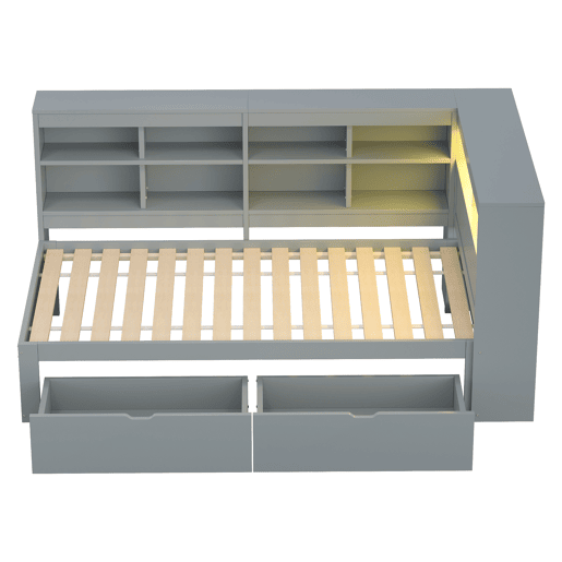 Sofá-cama 90x200 - Com compartimentos, cama com USB e tomada com faixa LED, com prateleiras e arrumação, multifuncional, cinzento Sofá-cama 90x200 - Com compartimentos, cama com USB e tomada com faixa LED, com prateleiras e arrumação, multifuncional, cinzento