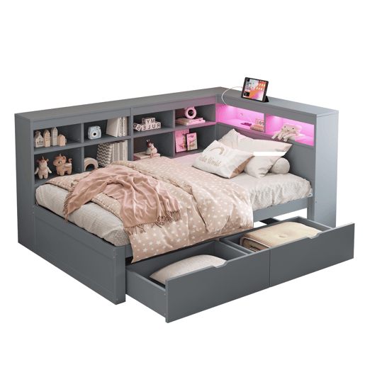 Sofá-cama 90x200 - Com compartimentos, cama com USB e tomada com faixa LED, com prateleiras e arrumação, multifuncional, cinzento Sofá-cama 90x200 - Com compartimentos, cama com USB e tomada com faixa LED, com prateleiras e arrumação, multifuncional, cinzento