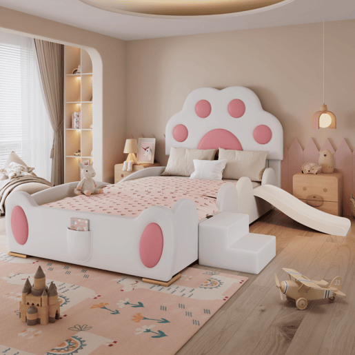 Cama individual 90x200 - Cabeceira em forma de pegada de gato, escorregador e escada de dois níveis, PU - Branco + Rosa