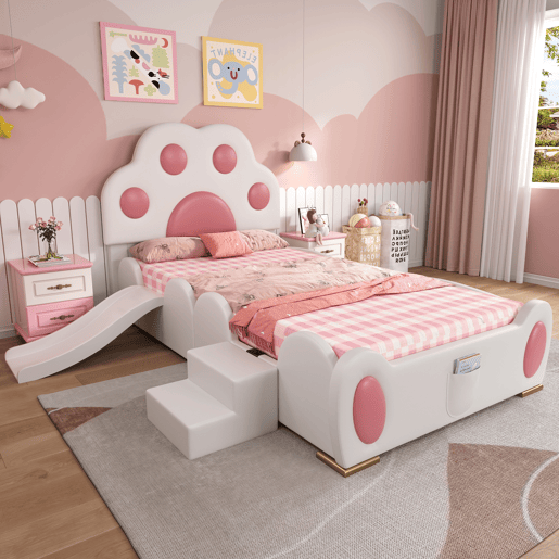 Cama individual 90x200 - Cabeceira em forma de pegada de gato, escorregador e escada de dois níveis, PU - Branco + Rosa