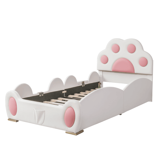 Cama individual 90x200 - Cabeceira em forma de pegada de gato, escorregador e escada de dois níveis, PU - Branco + Rosa