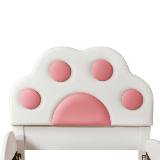 Cama individual 90x200 - Cabeceira em forma de pegada de gato, escorregador e escada de dois níveis, PU - Branco + Rosa