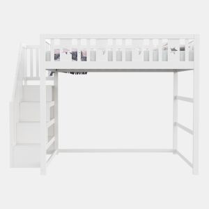 Cama alta infantil 140x200 - Com escada, cama de madeira maciça com grade de segurança, decoração de estrelas e lua - Branco