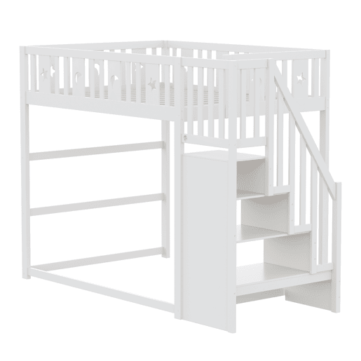 Cama alta infantil 140x200 - Com escada, cama de madeira maciça com grade de segurança, decoração de estrelas e lua - Branco