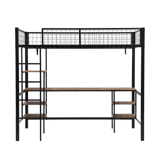 Beliche 90x200cm - Com mesa e estante, com escada de 4 degraus - Preto + cor madeira escura Beliche 90x200cm - Com mesa e estante, com escada de 4 degraus - Preto + cor madeira escura