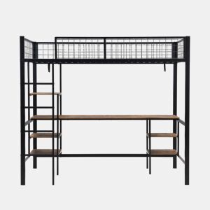 Beliche 90x200cm - Com mesa e estante, com escada de 4 degraus - Preto + cor madeira escura
