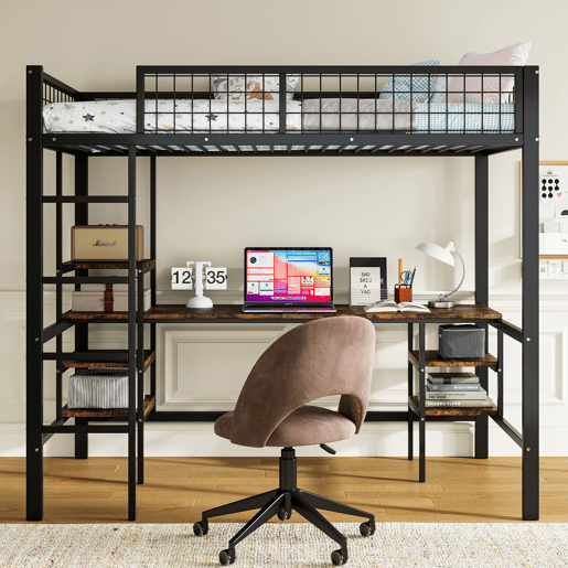 Beliche 90x200cm - Com mesa e estante, com escada de 4 degraus - Preto + cor madeira escura Beliche 90x200cm - Com mesa e estante, com escada de 4 degraus - Preto + cor madeira escura