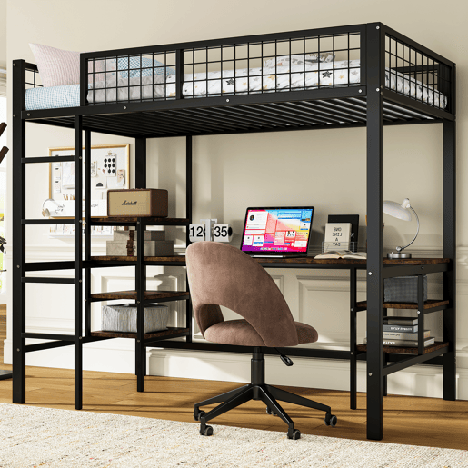 Beliche 90x200cm - Com mesa e estante, com escada de 4 degraus - Preto + cor madeira escura Beliche 90x200cm - Com mesa e estante, com escada de 4 degraus - Preto + cor madeira escura